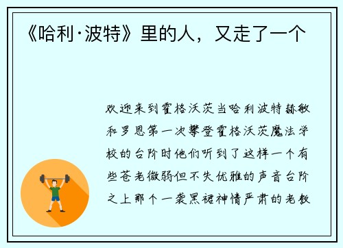 《哈利·波特》里的人，又走了一个