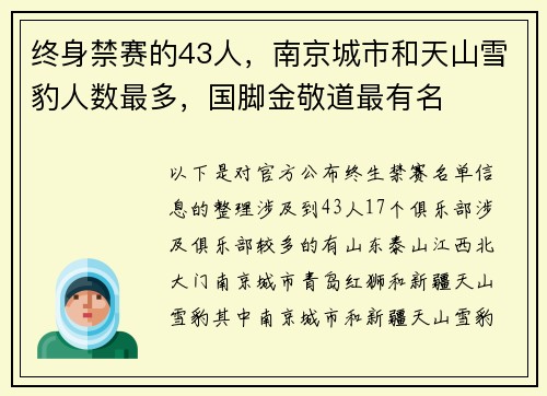 终身禁赛的43人，南京城市和天山雪豹人数最多，国脚金敬道最有名