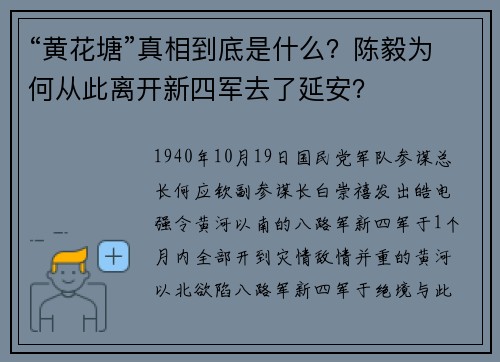 “黄花塘”真相到底是什么？陈毅为何从此离开新四军去了延安？