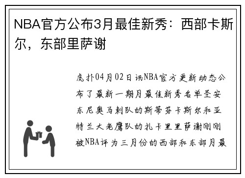 NBA官方公布3月最佳新秀：西部卡斯尔，东部里萨谢