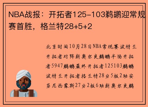 NBA战报：开拓者125-103鹈鹕迎常规赛首胜，格兰特28+5+2