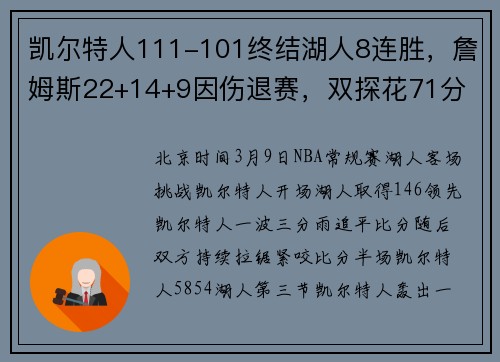 凯尔特人111-101终结湖人8连胜，詹姆斯22+14+9因伤退赛，双探花71分