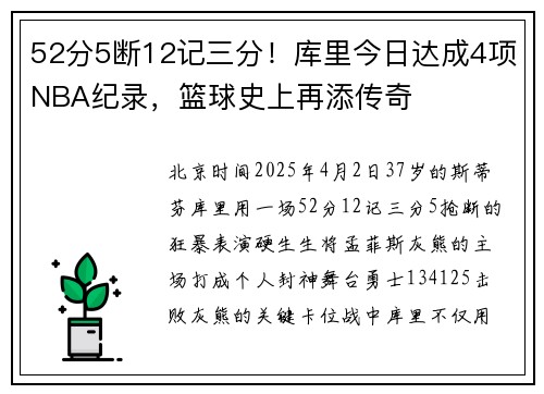52分5断12记三分！库里今日达成4项NBA纪录，篮球史上再添传奇